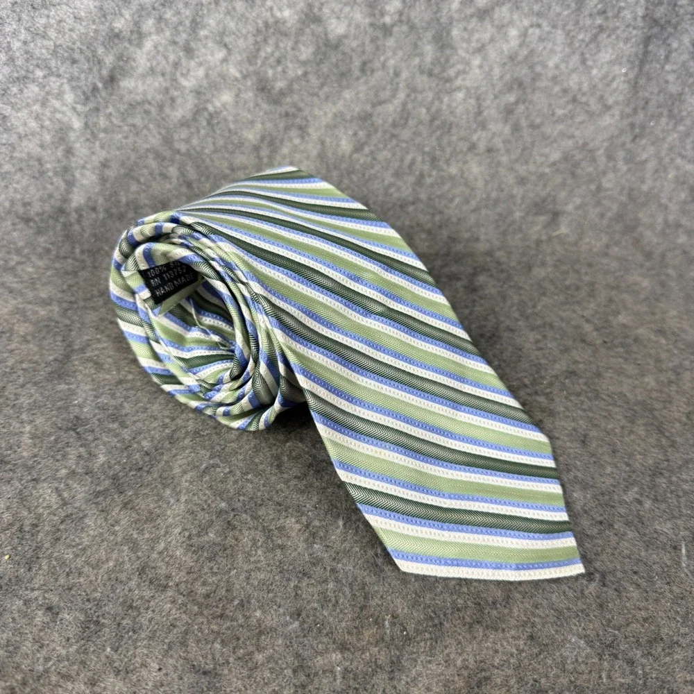 Courage Mens Silk Tie Green Blue White Striped Handmade Necktie RN 113752
